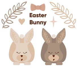 Cute Easter Bunny icons set. Set of Easter bunny rabbits isolated on white background vector illustration. Cute cartoon characters. Vector hand-drawn colored children’s set with cute bunnies 