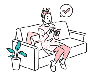ソファでくつろぎながらスマホを確認する女性のイラスト素材