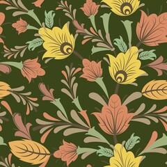 Summer vegetable seamless pattern. Pretty. Beautiful ornament with interlacing branches and flowers on a dark background. Flatly symbolic style. Country wild herbs. Vector