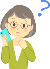 イラスト素材：眼鏡を掛けたおばあさんが携帯電話が老眼で見えづらくなって困った表情をする場面　老眼鏡
