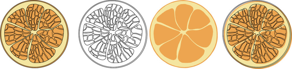 Fresh oranges for fabric, drawing labels, print on t-shirt, wallpaper of children's room. Slices of orange cartoon style isolated on white background