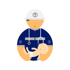 Cartoon of the emergency medical technician and newborn on white background.