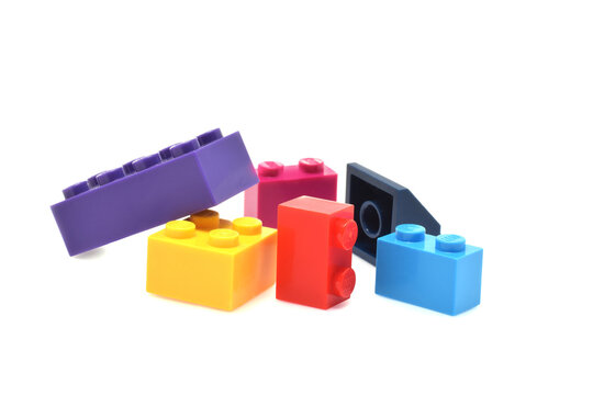 lego colorful bricks or blocks in group closed up isolated on white