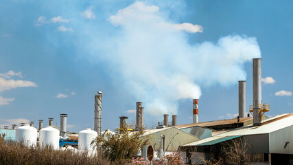 Industrial landscape view of power plant form industry zone. Pollution concept.