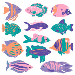 Naklejka premium Set of cute oceanic fish isolated on a white background. Vector graphics.