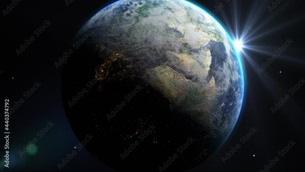 Wall mural sunrise and shadow on the earth rotate in space with star in universe. world realistic atmosphere 3d