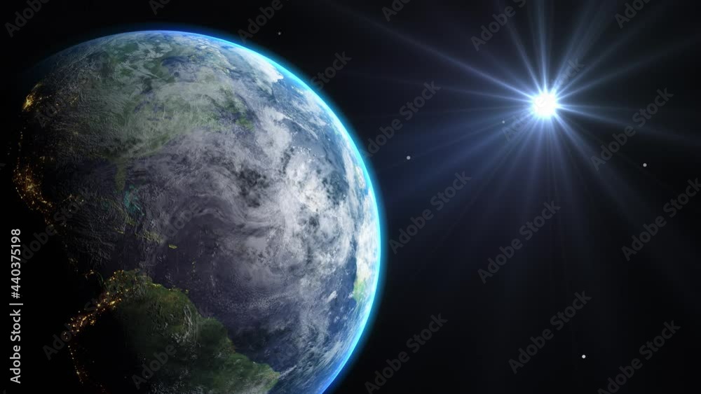 Wall mural sunrise and shadow on the earth rotate in space with star in universe. world realistic atmosphere 3d
