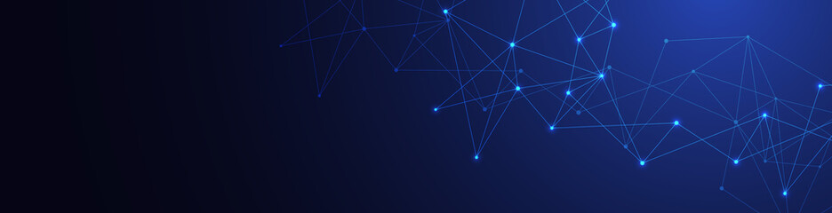 Website header or banner design with abstract geometric background and connecting dots and lines. Global network connection. Digital technology with plexus background and space for your text