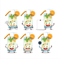 Cartoon character of orange mojito with various chef emoticons