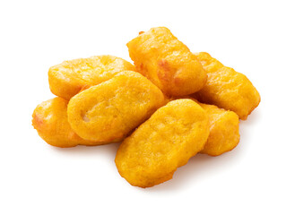 Chicken nuggets on a white background.