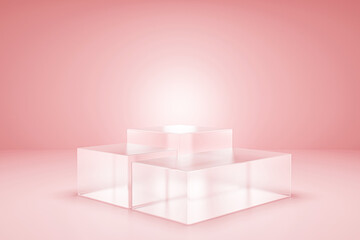 3 steps translucent cube podium on pink studio, showcase for product, 3d rendering