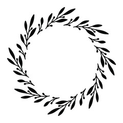 Vector hand drawn spring wreath isolated on white background. Silhouette circle of leaves. Doodle style. Floral frame.