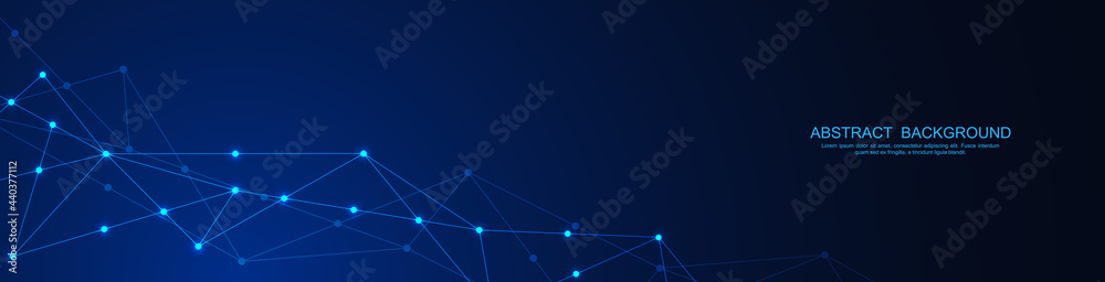 Fototapete Website header or banner design with abstract polygonal background and connecting dots and lines. Global network connection. Digital technology with plexus background and space for your text