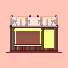 Vector image of a building made from containers used for selling, with shades of red and a relaxing place to sit on the rooftop. Editable as needed.