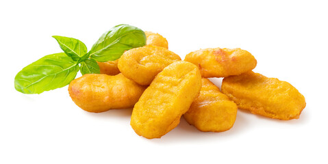 Chicken nuggets on a white background.