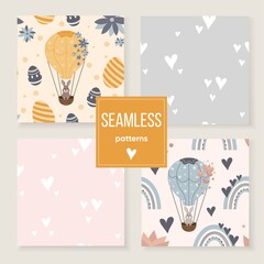 Grey rabbits in summer flowers and rainbows seamless pattern. Cute characters. Baby cartoon vector in simple hand-drawn Scandinavian style. Hot air ballons.