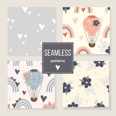 Seamless pattern with traveling bunny on hot air balloon. Blue rainbows.  Creative childish texture. Great for fabric, textile Vector Illustration © Alyona Brileva