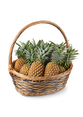 Group of tasty pineapples in basket isolated on white background.