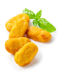 Chicken nuggets on a white background.