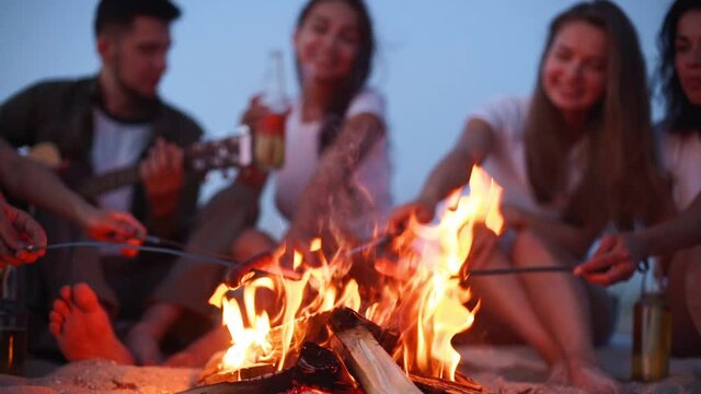 Close view of friends frying sausages sitting around bonfire, drinking beer, playing guitar on sandy beach. Young group of men and women with beverage singalong playing guitar near campfire in dusk.