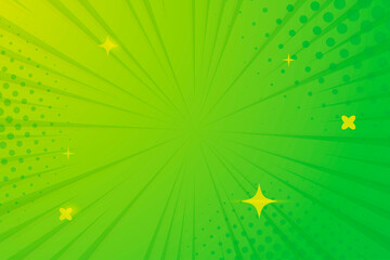Comic manga cartoon background green yellow shiny stars halftone and focus