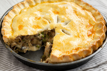 Homemade Chicken Pot Pie on a white plate, side view. Close-up.