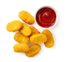 Chicken nuggets and ketchup on a white background.