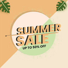 UP TO 50% Off For Summer Sale Poster Design With Monstera Leaves.