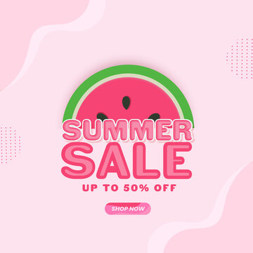 Summer Sale Poster Design With 50% Discount Offer And Watermelon Slice On Pink Background.