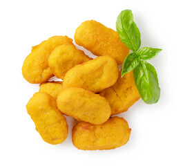 Chicken nuggets on a white background.