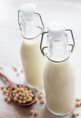 Soy milk and soy on the table