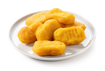Chicken nuggets on a white background.