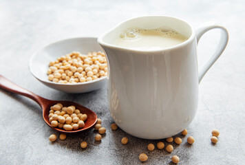 Soy milk and soy on the table