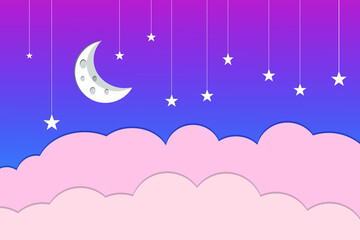 Flat style illustration moon stars and clouds background design. Good to use for banner, social media template, poster and flyer template, etc.