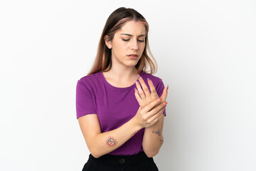 Young caucasian woman isolated on white background suffering from pain in hands