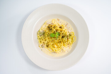 Italian Carbonara Spaghetti on a white plate
