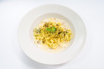 Italian Carbonara Spaghetti on a white plate