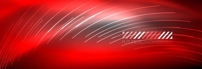 Neon glowing lines, magic energy and light motion background. Vector wallpaper template