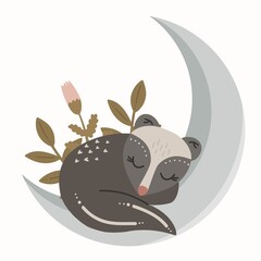 sleeping little badger at the moon. Green grass. Vector illustration.
