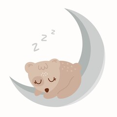 Teddy baby bear sleeping on the moon. Can be used for cards, invitations, baby shower, posters; with white isolated background.