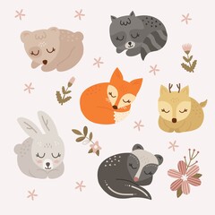 Collection of Adorable flat sleeping animals.  Sleeping Animal cute baby teddy bear, fox, deer, bunny, raccoon, badger. Cute Doodle stickers. Hand drawn shirt print design vector illustration.
