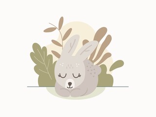 The character of cute bunny sleepping on the lawn. Print for baby posters, cards, clothes. Vector cartoon illustration.