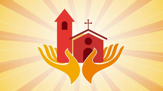 Hands welcome a church with steeple and ceiling rose. Donate, financially support one's religion. Animated illustration