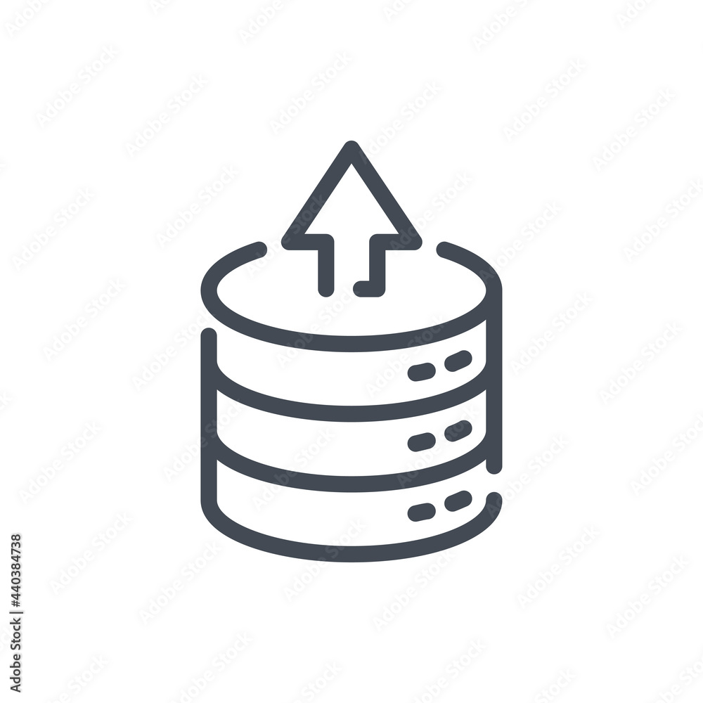 Poster upload from database line icon. arrow up with server storage vector outline sign.