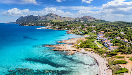 Aerial view with Sant Pere beach of Alcudia, Mallorca island, Spain