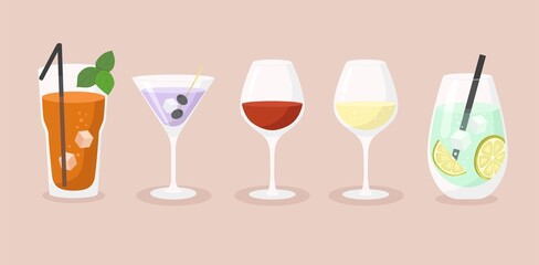 Set of bar coctail. Fresh juice, Dry Martini, Wine glasses, champagne, Mojito
