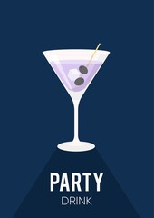 Cocktail glasses banner or poster. Martini drink. Flat illustration in retro style.