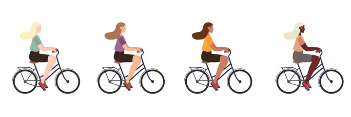 Collection of flat vector illustration. Woman riding bicycle. Multinational female sport.