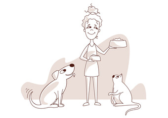 Vector illustration of girl with pets. Line art.