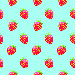 Strawberry seamless pattern in a bright cartoon style.
Bright voluminous strawberries on a sky blue background. for mouth-watering joyful kids home textile design or pattern.